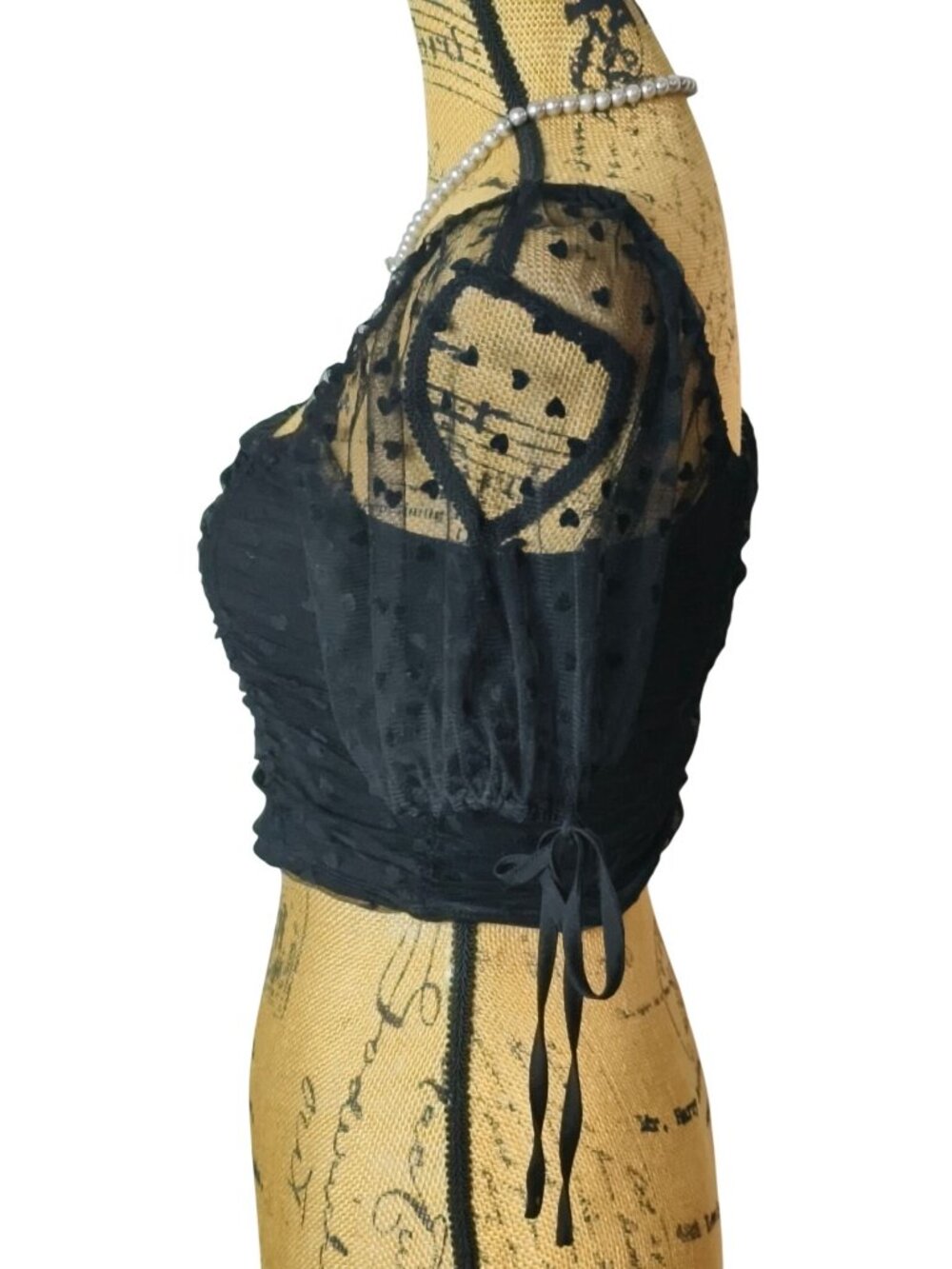 Forever 21 S Crop Y2k Black Puff Slvs Mesh Ruched Heart Print Tie Detail Flirty - Picture 2 of 8